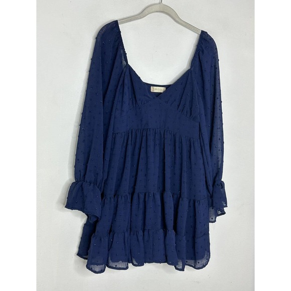 Altard State Navy Blue Polka Dot Chiffon Long Sleeve V Neck Dress Size Large New - Picture 2 of 9